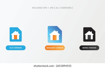 House over a document icon symbolizing real estate paperwork or mortgage. Flat, gradient, and mono styles included. Ideal for legal, rental, or sales contracts.