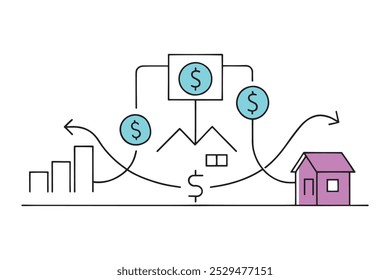 House overlaid with money, representing a business concept or financial investment in real estate isolated doodle line art flat vector illustration on white background