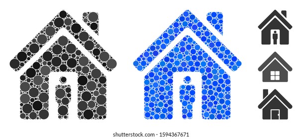 House owner composition of round dots in variable sizes and shades, based on house owner icon. Vector dots are organized into blue illustration. Dotted house owner icon in usual and blue versions.