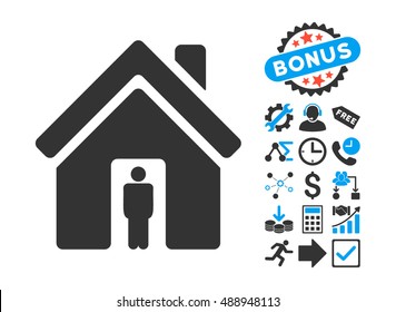 House Owner icon with bonus design elements. Vector illustration style is flat iconic bicolor symbols, blue and gray colors, white background.