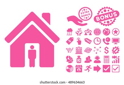 House Owner icon with bonus elements. Vector illustration style is flat iconic symbols, pink color, white background.