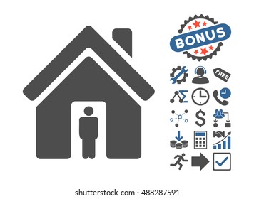 House Owner icon with bonus images. Vector illustration style is flat iconic bicolor symbols, cobalt and gray colors, white background.