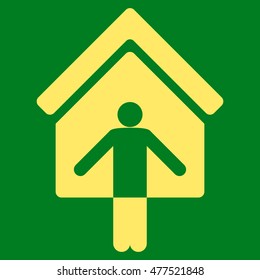 House Owner Welcome icon. Vector style is flat iconic symbol, yellow color, green background.