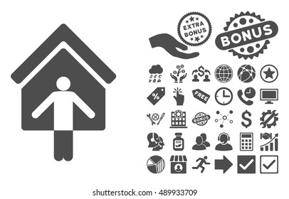 House Owner Wellcome icon with bonus icon set. Vector illustration style is flat iconic symbols, gray color, white background.