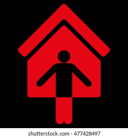 House Owner Wellcome icon. Vector style is flat iconic symbol, red color, black background.