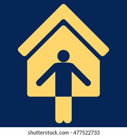 House Owner Wellcome icon. Vector style is flat iconic symbol, yellow color, blue background.
