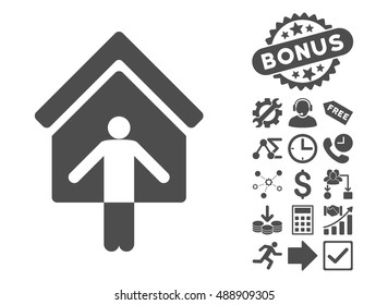 House Owner Wellcome pictograph with bonus symbols. Vector illustration style is flat iconic symbols, gray color, white background.