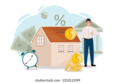 House Ownership Concept Illustration With A Man And Big Coin.