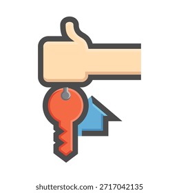 Icono de Vector de concepto de propiedad de vivienda. Mano que sostiene la llave de la casa para entregar al Cliente. Simboliza la venta de propiedades, la propiedad de nuevas viviendas y las transacciones inmobiliarias. Ideal para la compra de vivienda, venta de conceptos.