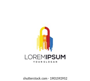 house padlock key icon logo design template
