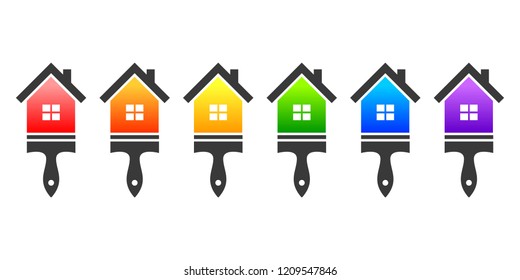 House and paintbrush concept. Set made of red, orange, yellow, green, blue and purple colours.