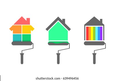 House painter concept. Set with color palette, paint brush and roller.