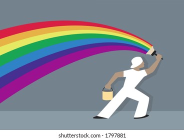 A house painter dressed in white is painting a rainbow on a grey wall.