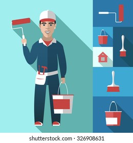 House painter flat decorative icons set with man working and home repairing tools isolated vector illustration on a blue background
