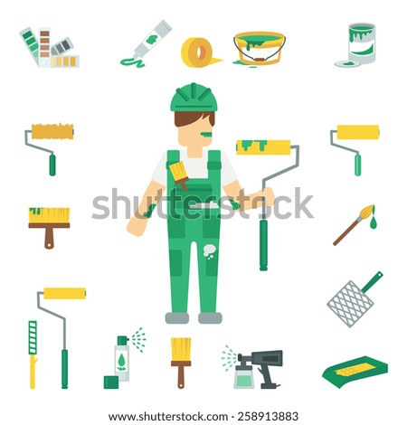 House painter flat decorative icons set with man working and home repairing tools isolated vector illustration