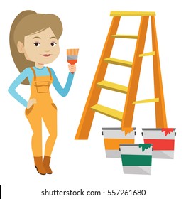 House painter holding a paintbrush. House painter with paintbrush standing near step-ladder and paint cans. Concept of house renovation. Vector flat design illustration isolated on white background.