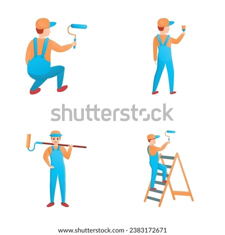 House painter icons set cartoon vector. Repairman during painting work. Painting service, interior and exterior restoration