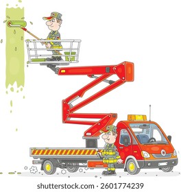 House painter with a paint roller standing on a platform of a lift truck and coloring a wall of a house, vector cartoon illustration on a white background