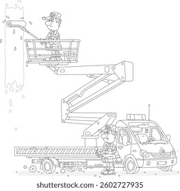 House painter with a paint roller standing on a platform of a lift truck and coloring a wall of a house, black and white outline vector cartoon illustration for a coloring book