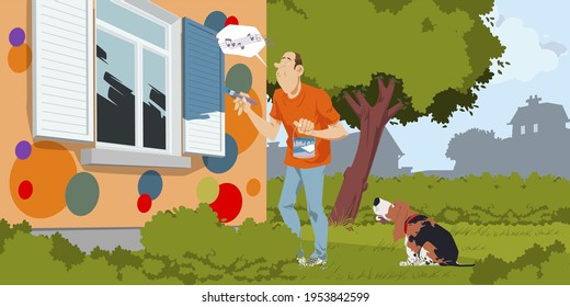 House Painter Paints Shutters of Cheerful Home. Illustration concept for mobile website and internet development.