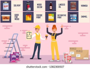 House Painter and Plasterer Team Service Banner Female Team Designers Offering Help Facade Painting Plastering Special Material Tool Enamel Wood Decor Solvent Varnish Linseed Oil Vector Illustration