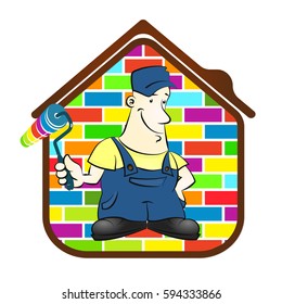 House painter with roller and paint and silhouette of house