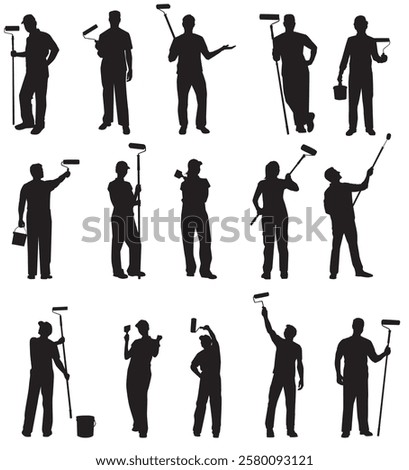 house painter silhouette set. maintenance paint worker in different pose. Painting house, renovation and maintenance.  