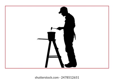 House painter silhouette vector illustration, Painter workers on ladder vector silhouette isolated on white