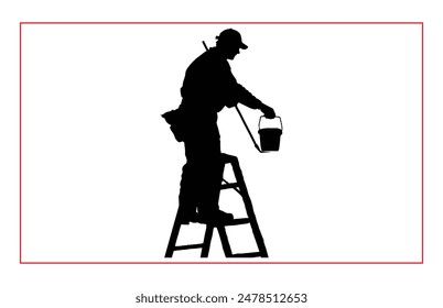 House painter silhouette vector illustration, Painter workers on ladder vector silhouette isolated on white