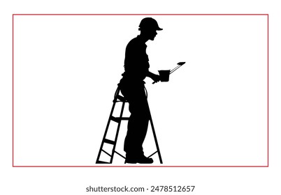 House painter silhouette vector illustration, Painter workers on ladder vector silhouette isolated on white