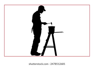 House painter silhouette vector illustration, Painter workers on ladder vector silhouette isolated on white