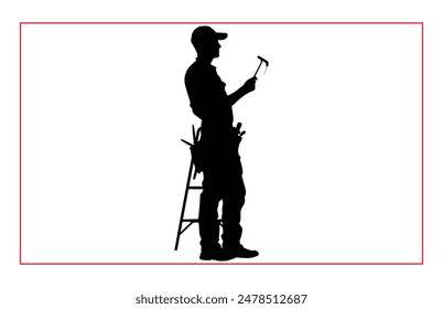 House painter silhouette vector illustration, Painter workers on ladder vector silhouette isolated on white