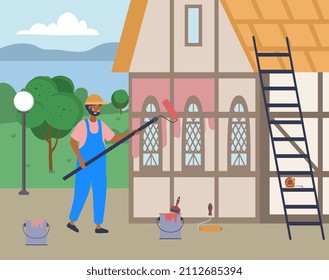 House Painter at street. Man in work suit paints building red. Redecoration, decoration of city, active lifestyle. Taking care of your territory, adult worker. Cartoon flat vector illustration