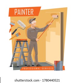 House painter with work tools cartoon vector of painting service decorator, construction industry. Interior design worker character painting walls with paint cans, brushes, rollers and step ladder