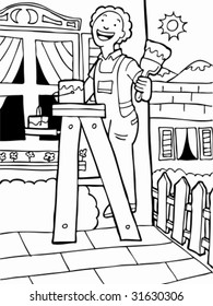 House Painter Yard Line Art : Man on ladder with paintbrush and bucket.