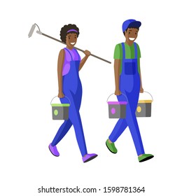 House painters flat vector illustration. Repairman, workmen carrying buckets and paint roller cartoon characters. Apartment decorators facade renovation specialists in professional uniform