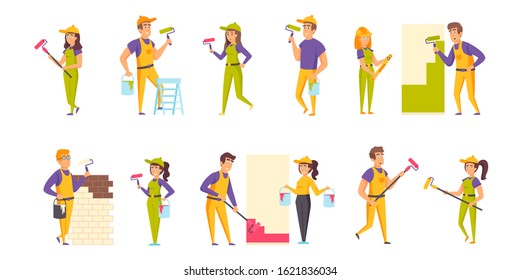 House painters flat vector illustrations set. Wall putty and painting scenes bundle. Male and female workers, people in helmets and uniform cartoon characters collection isolated on white background