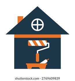 A house with a painter's roller and tray, ready for home improvement and renovation. DIY house painting concept.