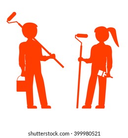 House painters silhouette vector flat characters with paint equipment. Vector flat illustration. Team of painters