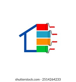 House painting. House logo with colored paint roller stripes. Vector illustration.