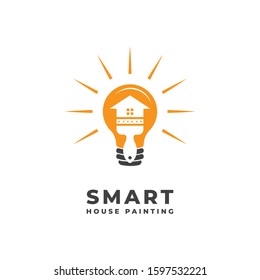 House Painting Smart with Brush, House and Light Bulb Logo Vector Icon Illustration