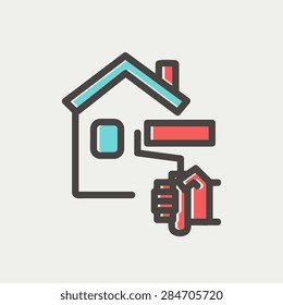 House painting using paint roller icon thin line for web and mobile, modern minimalistic flat design. Vector icon with dark grey outline and offset colour on light grey background.