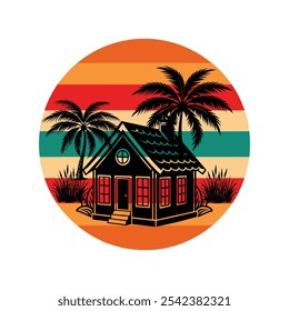 House with Palm and Coconut Tree Silhouette on Retro Vintage Background - Vector Art Illustration for T-Shirt Design