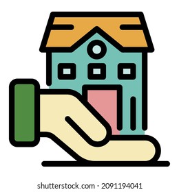 House in the palm icon. Outline house in the palm vector icon color flat isolated