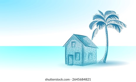 House with palm tree concept. Home near tropical plant beach resort illustration in wireframe style. Real estate vacation holiday summer advertisement. Blue gradient background low poly vector