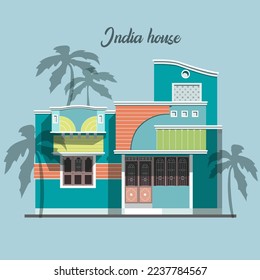 House with palm tree India flat vector illustration. A house with several floors in India on a neutral background with palm trees.