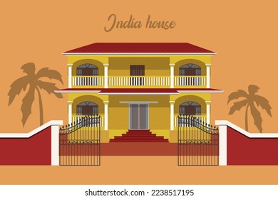 House with palm tree India flat vector illustration. A house with several floors in India on a neutral background with palm trees.