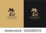 House with palm tree logo vector, tropical beach home or hotel icon design inspiration.