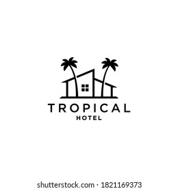 house with palm tree logo vector, tropical beach home or hotel icon design illustration