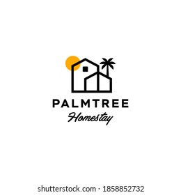 house with palm tree logo vector, tropical beach home or hotel icon design illustration